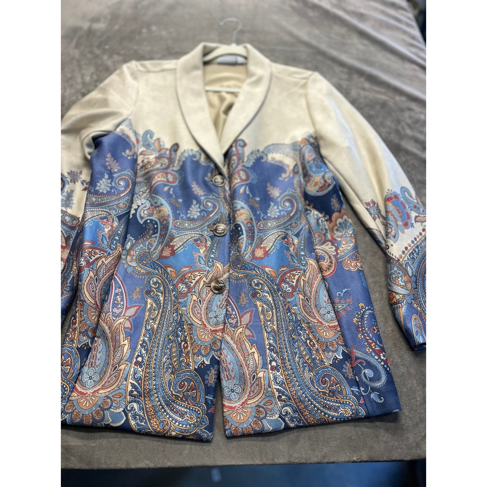 Susan Graver Graver Faux Suede Paisley Border Print Blazer Blue Tan XL A547212